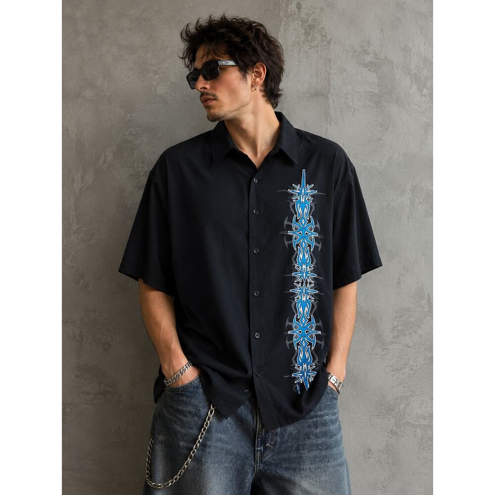 Dragonfly XXL Black Tribal Graphic Button Up Shirt Y2K Mall Goth Punk Skater